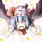  1girl ao-shiba bat_wings blue_hair bow fang flying hat hat_bow mob_cap open_hands open_mouth red_eyes remilia_scarlet solo touhou wings 