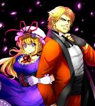  1boy 1girl black_gloves blonde_hair blue_eyes bow breasts crossover dress eyes fingerless_gloves formal gap gloves hair_bow hat hat_ribbon hetero highres honchu long_hair m.u.g.e.n mob_cap necktie red_eyes red_suit ribbon rugal_bernstein suit the_king_of_fighters touhou violet_eyes white_gloves yakumo_yukari 