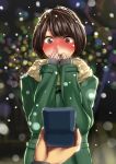  1girl black_hair blush brown_eyes chagataaa coat commentary_request couple covering_mouth full-face_blush open_mouth original pov proposal pun ring_box short_hair sleeves_past_wrists snow solo_focus tears 