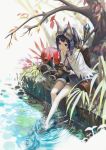  1girl animal_ears backpack bag barefoot bird black_hair boots bread capelet cat_ears eating feet_in_water food gloves goggles goggles_on_head green_eyes highres legs lily_pad original pine_(yellowpine112) ripples shoes_removed short_hair shorts soaking_feet solo tail tree water 