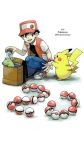 1boy absurdres anniversary backpack badge bag baseball_cap black_hair brown_eyes can denim english hat highres jacket jeans looking_at_another official_art open_clothes open_jacket pants pikachu poke_ball pokemon pokemon_(creature) premier_ball red_(pokemon) red_(pokemon)_(classic) shoes smile sneakers substitute 