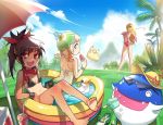  3girls :d barefoot bikini black_hair blonde_hair braid character_request clouds golf golf_club hand_on_hip long_hair looking_at_viewer multiple_girls octoman open_mouth palm_tree pangya ponytail popsicle red_eyes sandals sky smile summer swimsuit tan tanline tree twin_braids wading_pool water 