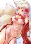  1girl 2015 albino animal_ears breasts chengshu china_dress chinese_clothes cleavage dated dress flower flower_knight_girl fox_ears fox_tail hair_flower hair_ornament higanbana_(flower_knight_girl) long_hair looking_at_viewer multiple_tails object_namesake pink_dress red_eyes sash signature smile solo spider_lily tail white_background white_hair 