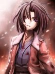  1girl bleeding blood blood_on_face brown_hair fur-trimmed_jacket glaring highres japanese_clothes kara_no_kyoukai kimono obi ryougi_shiki sash short_hair solo type-moon uraomote 