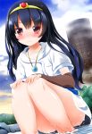  1girl bare_legs blue_hair blush dress druaga_no_tou highres jewelry ki_(druaga) kneeling noto_(soranoto) pendant red_eyes solo wet 