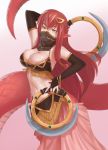  1girl arm_up bare_shoulders breasts bridal_gauntlets cleavage dual_wielding hair_ornament hairclip highres jiffic lamia large_breasts long_hair looking_at_viewer miia_(monster_musume) monster_girl monster_musume_no_iru_nichijou navel pointy_ears redhead scales simple_background slit_pupils smile solo veil weapon yellow_eyes 