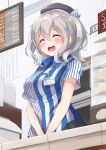 1girl :d ^_^ black_skirt blush closed_eyes convenience_store employee_uniform grey_hair hat highres igakusei kantai_collection kashima_(kantai_collection) lawson name_tag open_mouth shop short_sleeves skirt smile solo store_clerk striped twintails uniform 