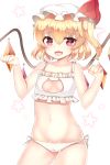  1girl blonde_hair cat_ear_panties cat_lingerie cleavage_cutout crystal fang flandre_scarlet hat hat_ribbon highres looking_at_viewer midriff mob_cap navel open_mouth papo paw_pose red_eyes ribbon short_hair side_ponytail smile solo star touhou underwear white_background wings 