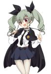  1girl anchovy blush cape drill_hair girls_und_panzer green_hair hair_ribbon long_hair looking_at_viewer massala military military_uniform necktie open_mouth red_eyes ribbon riding_crop skirt smile solo twin_drills twintails uniform 