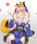  1girl \m/ animal_ears blue_legwear bow breasts caster_(fate/extra) cleavage detached_sleeves fang fate/extra fate_(series) fox_ears fox_tail hair_bow hair_ribbon japanese_clothes open_mouth petals pink_hair ribbon solo tail yellow_eyes 