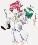  +_+ 1boy 1girl ;) aida_mana blush carrying dokidoki!_precure green_eyes green_hair high_ponytail highres juuzou_(amayuu112) one_eye_closed pink_hair precure princess_carry saotome_jun school_uniform smile sparkle traditional_media translation_request 