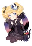  1girl blonde_hair blue_eyes blush cat dress earrings elbow_gloves gloves hair_ornament jewelry looking_at_viewer open_mouth short_twintails skull_hair_ornament smile solo tasha_romanovsky tokyo_7th_sisters twintails 