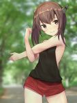  1girl adapted_costume baffu bare_shoulders black_shirt blush brown_hair commentary_request headband headgear highres kantai_collection looking_at_viewer outdoors red_shorts shirt short_hair shorts sleeveless sleeveless_shirt smile solo stretch taihou_(kantai_collection) tree 