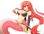  1girl :d breasts elbow_gloves fang gloves kuroonehalf lamia large_breasts long_hair low-tied_long_hair miia_(monster_musume) monster_girl monster_musume_no_iru_nichijou navel open_mouth pointy_ears redhead scales sidelocks signature simple_background slit_pupils smile solo very_long_hair white_background yellow_eyes 