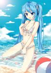  1girl absurdres ball beach beachball bikini blue_eyes blue_hair breasts cleavage clouds day fang hair_ribbon hatsune_miku highres long_hair menghuan_tian navel ocean open_mouth ribbon sitting sky solo swimsuit twintails very_long_hair vocaloid water 