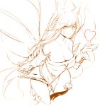  1girl ahri animal_ears bare_shoulders breasts cleavage detached_sleeves facial_mark fox_ears fox_tail heart highres korean_clothes large_breasts league_of_legends light_smile long_hair looking_at_viewer multiple_tails silver_(chenwen) simple_background sketch solo tail whisker_markings white_background 