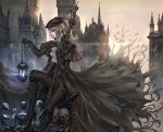  1girl aaeru absurdres bird black_gloves blonde_hair bloodborne boots chain crow earrings garters gloves hat high_heel_boots high_heels highres jacket jewelry lady_maria_of_the_astral_clocktower lamp long_hair open_clothes open_jacket pants ponytail red_eyes side_view smile solo sword weapon 