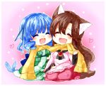  2girls animal_ears blue_hair blush breasts brooch brown_hair chibi closed_eyes dress drill_hair fish_tail head_fins heart highres imaizumi_kagerou japanese_clothes jewelry kimono kuroshiroduet long_sleeves mermaid monster_girl multiple_girls obi open_mouth sash scarf tail touhou wakasagihime wide_sleeves wolf_ears wolf_tail yellow_scarf 