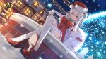  1girl absurdres bell capelet christmas christmas_lights christmas_tree elbow_gloves gloves hat highres kantai_collection kashima_(kantai_collection) poly sack santa_costume santa_hat shoes smile snow solo thigh-highs white_hair white_legwear 