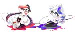  +_+ 2girls aori_(splatoon) black_hair blue_eyes detached_collar fang food food_on_head game_boy gloves handheld_game_console highres hotaru_(splatoon) link_cable looking_at_another multiple_girls object_on_head official_art paint_splatter pointy_ears simple_background smile splatoon tentacle_hair unitard white_background white_gloves white_hair yellow_eyes 