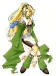  1girl aishie atelier_(series) atelier_marie blonde_hair full_body hair_ornament high_ponytail leg_warmers long_coat long_hair low-tied_long_hair lowres marie_(atelier) marker_(medium) ponytail sitting sleeves_past_wrists solo traditional_media very_long_hair wide_sleeves 