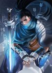  1boy arrow black_eyes black_hair chain chained cuffs gauntlets high_ponytail ice jeny_wang katana league_of_legends looking_at_viewer nose_scar ponytail shackles solo spaulders sword weapon yasuo_(league_of_legends) 