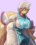  1girl blonde_hair breasts brown_eyes chanta_(ayatakaoisii) fox_tail hat highres huge_breasts multiple_tails purple_background short_hair simple_background solo tail thighs touhou yakumo_ran 