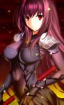  1girl bodysuit breasts covered_navel fate/grand_order fate_(series) gae_bolg highres large_breasts long_hair looking_at_viewer paperfinger pauldrons polearm purple_hair red_eyes scathach_(fate/grand_order) solo taut_clothes weapon 