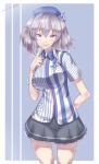  1girl arm_behind_back beret blue_eyes breasts cowboy_shot dated employee_uniform finger_to_mouth grey_hair hat kantai_collection kashima_(kantai_collection) large_breasts lawson long_hair looking_at_viewer name_tag silver_bell_(artist) solo twintails uniform vertical_stripes 