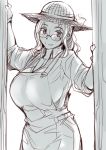  1girl breasts freckles glasses gloves hat large_breasts looking_at_viewer monochrome sketch smile solo tsuda_nanafushi 