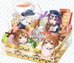  4girls akatsuki_(kantai_collection) candy chibi chocolate cookie cup flat_cap food hat hibiki_(kantai_collection) ikazuchi_(kantai_collection) inazuma_eleven_(series) kantai_collection lollipop marshmallow multiple_girls school_uniform serafuku sweets tea teacup yunkel_(zeijaku_mental) 