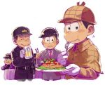  4boys alcohol alternate_costume beer beer_mug brothers brown_eyes brown_hair chopsticks cowlick deerstalker detective eating food fork formal gloves hat holding_glass looking_at_viewer lowres matsuno_juushimatsu matsuno_osomatsu matsuno_todomatsu multiple_boys osomatsu-kun osomatsu-san pasta plate siblings spaghetti suit uniform white_gloves 