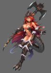  1girl axe bare_shoulders blue_eyes breasts chest_jewel claws cleavage detached_collar dragon_girl dragon_tail highres long_hair maritan_(artist) monster_girl_encyclopedia redhead revealing_clothes scales simple_background tail weapon 
