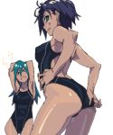  &gt;_&lt; 2girls aqua_eyes aqua_hair armpits arms_up ass back black_hair breasts closed_eyes competition_swimsuit covered_nipples hesuke long_hair looking_at_viewer multiple_girls one-piece_swimsuit original short_hair simple_background smile swimsuit white_background 