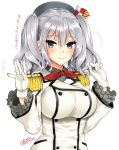  1girl beret blush breasts buttons epaulettes frilled_sleeves frills gloves grey_eyes hat jacket kantai_collection kashima_(kantai_collection) kojima_saya large_breasts looking_at_viewer military military_uniform sidelocks silver_hair smile solo twintails uniform wavy_hair 
