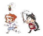  2girls animal_ears bandaid blush cat_ears cat_tail dog_ears dog_tail ghost hair_ornament long_hair miniskirt multiple_girls open_mouth plant pleated_skirt potted_plant ribbon school_uniform shide shinto short_hair skirt smile tagme tail twintails 