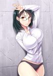  1girl arm_up breast_hold breasts brown_eyes glasses green_hair hips imada_kozue large_breasts no_panties original panties solo standing underwear wall 