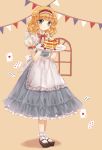  1girl alice_margatroid apron bangs blonde_hair blue_dress card carrying cream curly_hair dress food fruit full_body hairband highres looking_at_viewer mary_janes pancake plate puffy_short_sleeves puffy_sleeves red_ribbon ribbon shoes short_hair short_sleeves silver_hair simple_background smile socks solo standing strawberry syrup touhou white_legwear yuki_201 