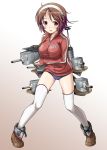  1girl aa_gun breasts brown_eyes brown_hair buruma cannon hairband jacket kantai_collection machinery masamurai natori_(kantai_collection) short_hair solo thigh-highs track_jacket turret white_legwear 