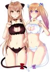  2girls alternate_costume amagi_brilliant_park bell bell_choker blonde_hair breasts cat_cutout cat_ear_panties cat_lingerie choker cleavage_cutout crossover highres jingle_bell kawakami_mai large_breasts long_hair looking_at_viewer magpii mole mole_under_eye multiple_girls musaigen_no_phantom_world navel panties sento_isuzu side-tie_panties side_ponytail stomach underwear underwear_only violet_eyes yellow_eyes 