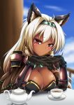 1girl ahoge animal_ears arm_guards armor blonde_hair blue_sky blurry blush breasts brown_gloves capelet cat_ears chair cleavage closed_mouth cup depth_of_field detached_collar drink elbow_gloves gloves gradient_hair granblue_fantasy hair_tubes hairband heles liquid long_hair looking_at_viewer loussier666 multicolored_hair red_eyes redhead saucer shoulder_pads sky smile solo table tea teacup teapot tsurime 