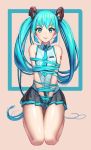  1girl absurdres aqua_eyes aqua_hair bound bound_arms doyoom hair_bondage hatsune_miku highres long_hair necktie seiza sitting skirt smile solo twintails very_long_hair vocaloid 