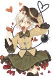  1girl black_legwear cats_brain eyeball green_eyes hat hat_ribbon heart heart_of_string komeiji_koishi long_sleeves looking_at_viewer mouth_hold ribbon shirt short_hair silver_hair simple_background skirt smile solo string thigh-highs third_eye too_many too_many_hearts touhou white_background wide_sleeves zettai_ryouiki 