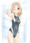  1girl absurdres blonde_hair blue_eyes competition_swimsuit girls_und_panzer highres kay_(girls_und_panzer) long_hair one-piece_swimsuit one_eye_closed standing swimsuit takafumi thumbs_up 