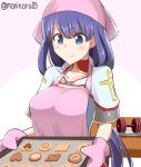  1girl apron baking_sheet blue_eyes cookie cooking dumbbell fate/grand_order fate_(series) food mittens moninora_(moninora83) purple_hair saint_martha valentine 
