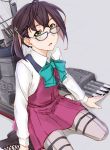  1girl black_hair glasses green_eyes kantai_collection machinery multicolored_hair okinami_(kantai_collection) pallad pantyhose pink_hair school_uniform short_hair solo 