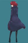  1girl alternate_costume black_legwear blue_background bukiyama from_behind hairband hands_in_pockets high_heels kanon_memphis long_coat long_sleeves pantyhose redhead short_hair simple_background solo soukyuu_no_fafner uniform 