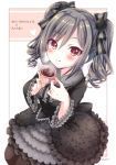  1girl cup drill_hair emu_(trigger) gothic_lolita hot_chocolate idolmaster idolmaster_cinderella_girls kanzaki_ranko lolita_fashion mug red_eyes silver_hair smile solo twin_drills twintails 