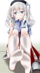  1girl blue_eyes blush breasts cellphone employee_uniform feet hat highres kantai_collection kashima_(kantai_collection) large_breasts lawson long_hair oouso_(usotsukiya) open_mouth phone shirt shoes_removed silver_hair sitting skirt smartphone socks solo striped twintails uniform white_legwear 