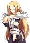  1girl arm_grab bare_shoulders blonde_hair blush bow breast_hold breast_squeeze breasts chain cleavage closed_eyes cowboy_shot cuffs disgaea dress earrings eyelashes fur_trim healer_(disgaea) highres jewelry large_breasts long_hair manacles pointy_ears rei_shabu side_slit simple_background solo very_long_hair white_background 